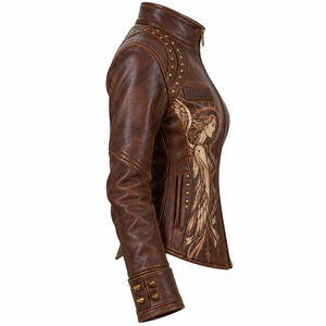 Chaqueta de cuero genuino para mujer, color marrón desgastado, estilo motero, con estampado personalizado de diosa alada, mangas con tachuelas de latón y detalles de púas. - Product Image 3