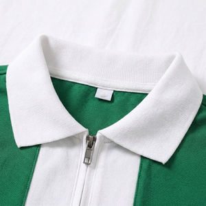 เสื้อโปโลซิปผู้ชายแบบกำหนดเอง สีตัดต่อ แขนสั้น ผ้าฝ้ายผสมโพลีเอสเตอร์ ปิเก้ ลำลอง แขนลายทาง ระบายอากาศได้ดี เหมาะสำหรับใส่ในฤดูร้อน รับผลิตแบบ OEM ODM - Product Image 2