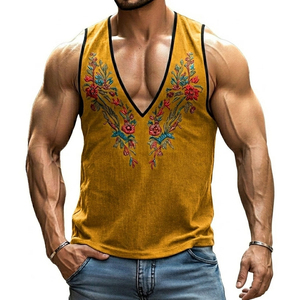 Débardeur Homme Personnalisé Col V Profond Broderie Florale Sans Manches Style Décontracté Tendance Prix de Gros - Product Image 2