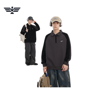 Sudadera de poliéster para hombre, negra, con bloques de color, manga raglán, media cremallera, antiarrugas, corte holgado informal, cuello vuelto, tipo jersey - Product Image 6