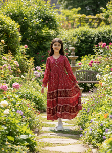 Robe longue à volants pour femme Vintage Rose Garden - Robe élégante en georgette rouge respirante et légère, longueur au sol, manches mi-longues - Product Image 3