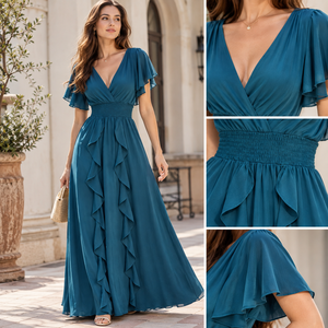 Robe simple à col en V et manches courtes, coupe trapèze, taille élastique, tissu respirant en coton/polyester, fabrication vietnamienne, étiquette personnalisée - Product Image 5