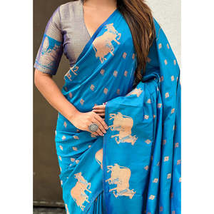 ผ้าซารีทอสีน้ำเงินรามา ลายเอลีทวีฟส์ ดูอัล ซาเร่ พร้อมขอบผ้าแนนดี ผ้าไหมเนื้อนุ่ม 700 กรัม สำหรับชุดคลับ - Product Image 5