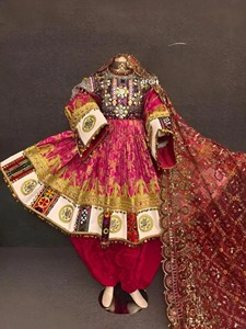 Traditional <b>Red</b> Gold Afghan Kuchi Dress Heavy Mirror Work Hand Embroidery Cultural Bridal Gown Women Casual Dresses Suit - Product Image 1