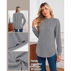 Camiseta de manga larga para mujer en verde taupe y negro con dobladillo curvo, cuello de canalé corto, frente liso y corte largo relajado, ropa casual - Product Image 2