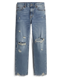 Jean en denim déchiré coupe droite pour homme, taille mi-haute, coupe régulière, en coton respirant, style streetwear décontracté - Product Image 1