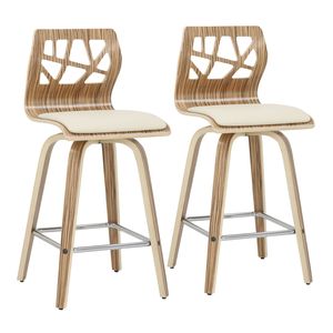 Ensemble de 2 tabourets de bar Folia Mid Century Modern en bois de zèbre et simili cuir crème - Product Image 1