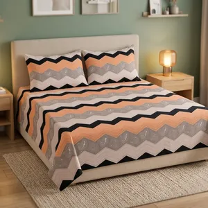 Drap de lit tendance orange et noir à motif zigzag, 115 GSM, en microfibre légère, motif géométrique moderne, housse de lit pour chambre à coucher - Product Image 3