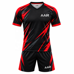 Ensemble uniforme de tennis de table AAIR noir et rouge, col en V, maillot à manches courtes, short respirant, tenue d'équipe unisexe, 100 % polyester numérique - Product Image 1