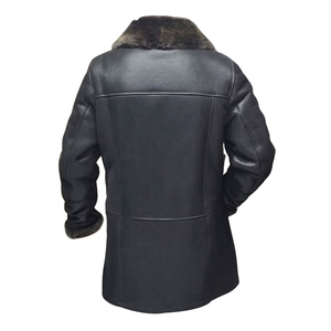 Men's <b>Black</b> Genuine Leather Shearling Overcoat <b>With</b> <b>Fur</b> <b>Collar</b> Lapel Single Breasted Thick Winter Long <b>Coat</b> - Product Image 2