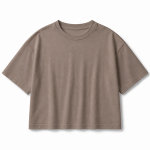 T-shirt court oversize 100 % coton tricoté anti-boulochage pour femme, col rond uni, manches courtes, style streetwear décontracté, logo personnalisé - Product Image 4