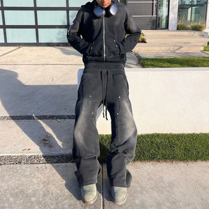 Vintage Style Men's Two-Piece Set Baggy Oversized Acid Wash <b>Jacket</b> with Gems <b>Rhinestones</b> & Hoodie Sweatpants Printed Pattern - Product Image 4