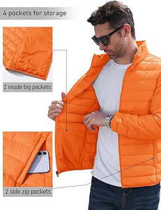 <b>Men's</b> Orange Lightweight Puffer <b>Jacket</b> Solid Color Stand Collar Zipper Closure Windproof Casual Autumn Wear - Product Image 6
