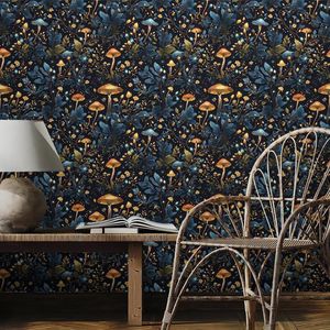 Papier peint autocollant effet forêt de champignons scintillants bleu/jaune, facile à appliquer, papier contact vintage pour décoration murale - Product Image 5