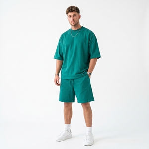 Wholesale Summer Casual Men's 2-Piece <b>T</b>-<b>Shirt</b> Shorts Set Solid Color Polyester/Cotton Breathable Comfortable Crew Neck - Product Image 1
