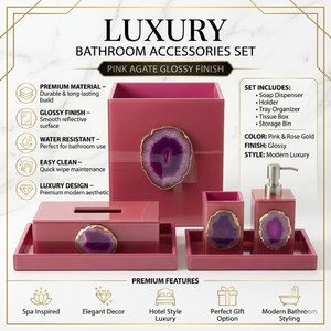 Premium Modern Pink Glass Bathroom <b>Set</b> 6 Pieces | <b>Soap</b> Dispenser, Toothbrush Holder, Tumbler & Tray | Luxury Rectangle Bathroom - Product Image 5