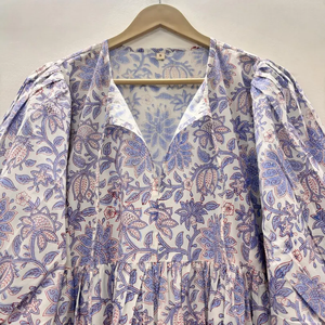 Mini-robe formelle vintage en coton 100% naturel, imprimée à la main, faite à la main, écologique, col en V, manches 3/4, ourlet à volants en dentelle, lavable - Product Image 2