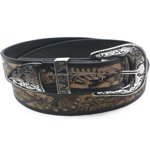 Vintage Hand Carved <b>Tooled</b> Pattern Embossed Original Western <b>Leather</b> <b>Tooling</b> <b>Belt</b> for Men with 3 Piece Antique Buckle Set - Product Image 4