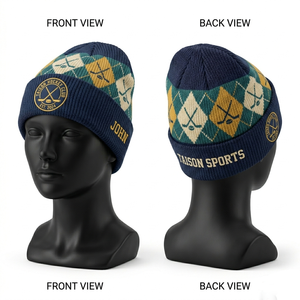 Bonnet de hockey sur glace en tricot acrylique premium 300 GSM, bleu, gris, jaune, à rayures jacquard, avec patch brodé et logo personnalisé - Product Image 3
