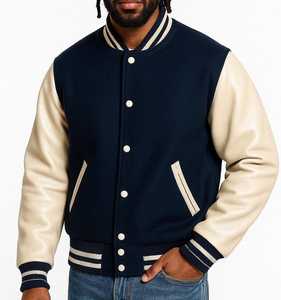 Blouson universitaire bleu marine pour homme avec manches en cuir PU, coupe classique, col montant, fermeture boutonnée, pour l'hiver, style décontracté, logo frontal - Product Image 4