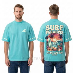 เสื้อยืดสีเทอร์ควอยซ์ทรงหลวมพิมพ์ลายต้นปาล์ม Surf Paradise ด้านหลัง เหมาะสำหรับใส่ไปเที่ยวทะเล ฤดูร้อน สไตล์ลำลอง สตรีทแวร์ - Product Image 3