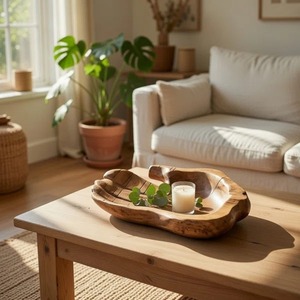 Bol décoratif en bois sculpté à la main, style bois naturel, pour servir les aliments, décoration intérieure, artisanat non traité, décoration maison - Product Image 1