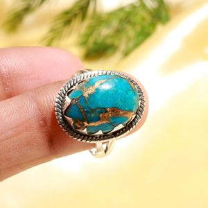 Oval Blue Copper Turquoise Gemstone Bezel Setting <b>925</b> Sterling <b>Silver</b> Classic <b>Silver</b> Plated <b>Ring</b> Wedding Gift Party Unisex - Product Image 3
