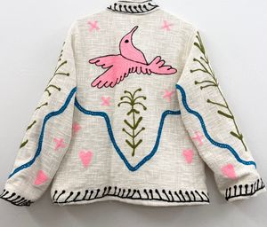 Chaqueta Blanca de Algodón Bordada con Diseño Floral de Gato y Bota, Cuello Mandarín, Manga Larga, Estilo Bohemio, Ropa de Primavera - Product Image 5