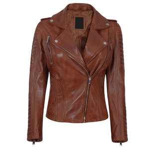 Women's Genuine <b>Leather</b> Moto <b>Jacket</b> Full Sleeve Stand Collar Zipper Closure Autumn Style Brown Color Women's thick <b>leather</b> coat - Product Image 3