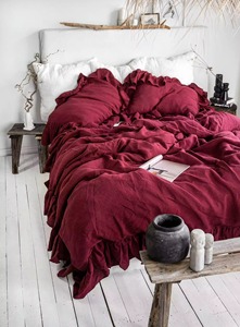 Ensemble de housse de couette en lin rouge à volants sur mesure, pour usage domestique, service OEM/ODM, ensembles de housses de couette - Product Image 2