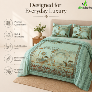 Ensemble de draps en coton vert marine pour lit king size avec taies d'oreiller | Couvre-lit imprimé Peacock Garden Arch Panel, literie douce et de qualité supérieure - Product Image 4