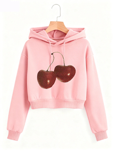 Sudadera con capucha de mujer color lavanda con estampado de cerezas con lentejuelas, estilo casual corto, logo frontal, estilo primavera, manga larga, tejida - Product Image 2