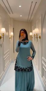 Robe longue élégante pour femme, bleue, brodée, style indien pakistanais, coupe classique, extensible, en FOX GEORGETTE, pour toutes les occasions - Product Image 6