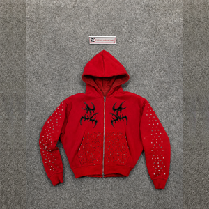 <b>RED</b> RHINESTONE ZIP UP <b>HOODIE</b> TRIBAL GOTHIC GRAPHIC STREETWEAR OVERSIZED Y2K PUNK GRUNGE STUDDED HOODED SWEATSHIRT <b>HOODIE</b> SALES - Product Image 5