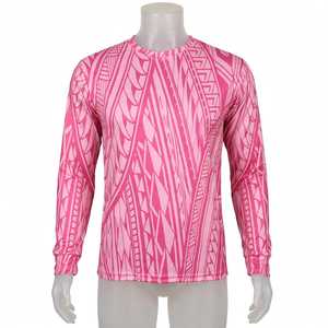 <b>Men's</b> <b>Pink</b> Sublimation <b>Long</b> <b>Sleeve</b> Collarless <b>Shirt</b> Custom Geometric Pattern Quick Dry Polyester Tee - Product Image 1