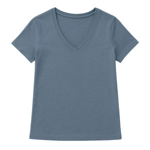 Camiseta de Manga Corta con Cuello en V para Mujer, Color Azul Crepúsculo, Poliéster/Algodón, Diseño Único Ecológico, Suave y Transpirable de Primera Calidad - Product Image 3