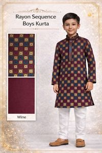 <b>Boys</b> Rayon Sequence <b>Kurta</b> Wine Checkered Traditional Ethnic Wear India Wedding Kids Clothing 0-14 Year - Product Image 2