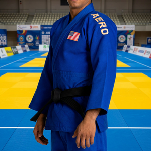 Kimono de judo AERO AFI bleu, style uniforme unisexe, patch durable, tissu polyester/coton 480g, tenue de compétition, coupe ample - Product Image 5