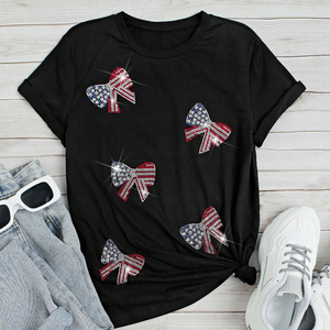 T-shirt graphique noir à nœud en strass pour femme, col rond, manches courtes, coupe classique, tissu personnalisé écologique, séchage rapide, respirant - Product Image 6