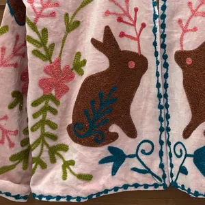 Elegant Pink <b>Velvet</b> Floral Embroidered Suzani <b>Jacket</b> With Rabbit Pattern Full Sleeve Stand Collar Bohemian Women's Winter Coat - Product Image 4
