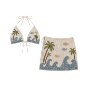 Beige Beaded Two-Piece Swim Dress Set with Palm Tree and Wave Pattern Embroidered Halter Neckline Mini <b>Skirt</b> & Bottom for Womens - Product Image 1