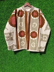 Chaqueta Bordada Suzani Color Crema Marrón Hecha a Mano, Chaqueta Abierta de Algodón y Lino con Diseño Floral, Estilo Boho Chic, Prenda Exterior Étnica para Mujer - Product Image 1