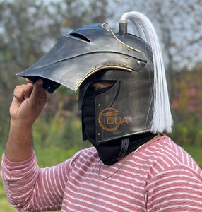 Casco de Armadura Medieval de Caballero, Completo, de Hierro, Plateado y Pulido, con Orificios para los Ojos, Adornos de Latón Decorativos, Pluma Blanca, para Halloween - Product Image 4
