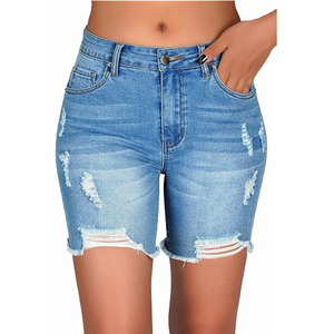 Shorts en jean délavé taille haute pour femme, coupe droite, décontractés, en coton, avec poches, coupe régulière, vente en gros - Product Image 2
