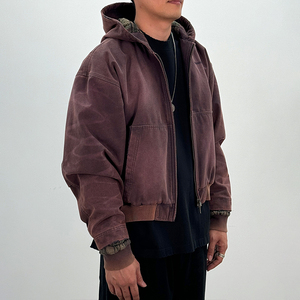 Veste à capuche zippée pour homme, coupe droite, en tissu délavé, avec logo tissé sur le devant, 430g, couleur unie, style streetwear décontracté - Product Image 5