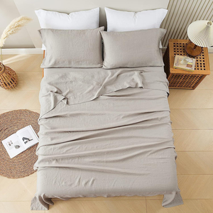4 Pcs 100% French Linen Bedding Sets Anti-Static Soft <b>Flat</b> <b>Fitted</b> <b>Sheet</b> Sets - Product Image 6