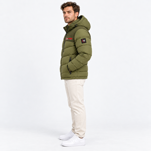 Men's Olive Green Hooded Puffer <b>Jacket</b> With Patch Design Windproof Winter Coat Regular Fit Zipper Closure Casual Style 2026 - Product Image 4