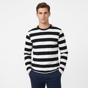 Camiseta de Manga Larga a Rayas para Hombre, Cuello Redondo, Tejido de Punto, Corte Regular, Diseño en Blanco y Negro, Transpirable, Antiarrugas, Elástica por Delante - Product Image 5