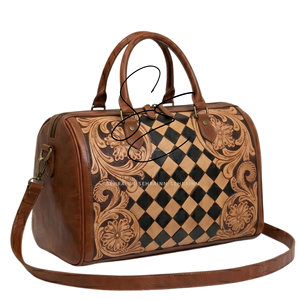 Western Tooled Leather Boston Bag for Women Vintage Floral Carved Checkerboard Speedy Bag Large Capacity Travel Handbag - Product Image 2