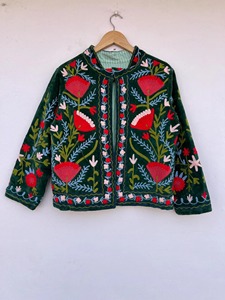 Chaqueta de Terciopelo Bordada a Mano con Estampado Floral, Cuello Mandarín, Manga Larga, Corta, Estilo Prairie Chic para Mujer, Ropa de Otoño - Product Image 1